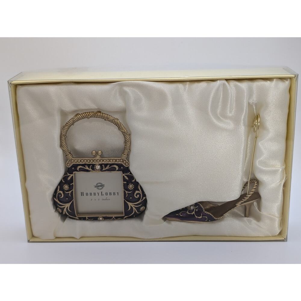 Gift Set Handbag Photo Frame and High-Heeled Shoe Card Holder, Purple